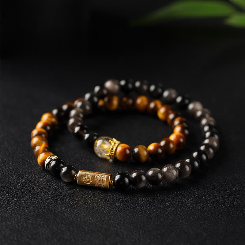 Buddha Stones Tiger Eye Silver Sheen Obsidian Prosperity Hand-Woven Double Wrap Bracelet