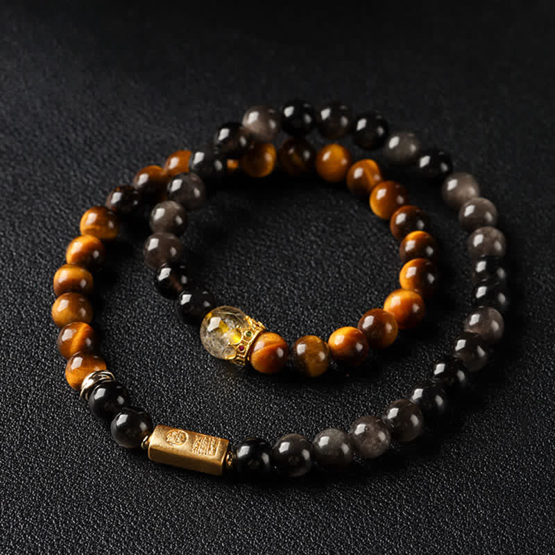 Buddha Stones Tiger Eye Silver Sheen Obsidian Prosperity Hand-Woven Double Wrap Bracelet