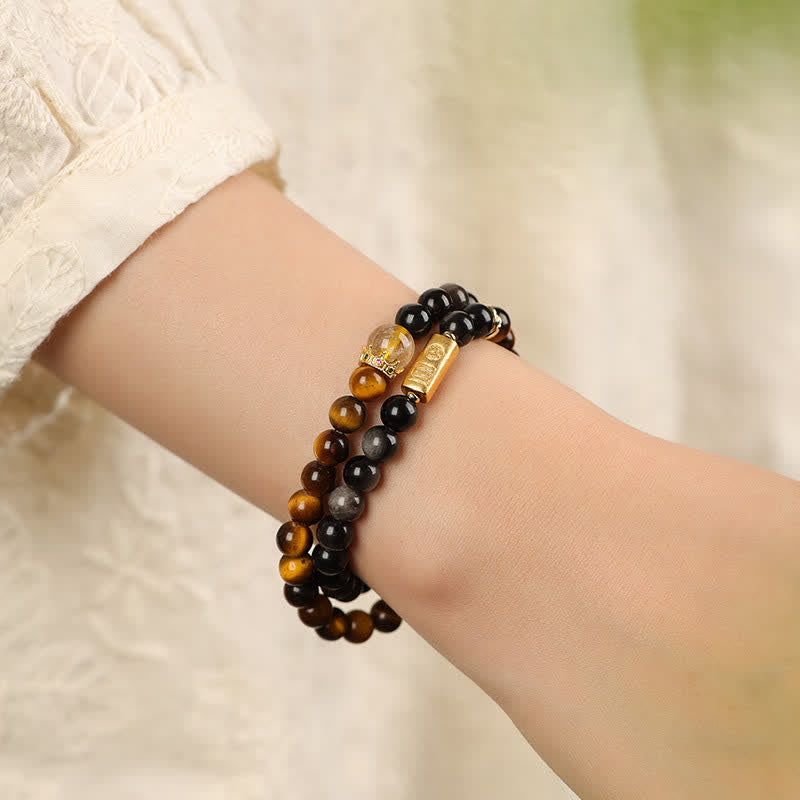 Buddha Stones Tiger Eye Silver Sheen Obsidian Prosperity Hand-Woven Double Wrap Bracelet