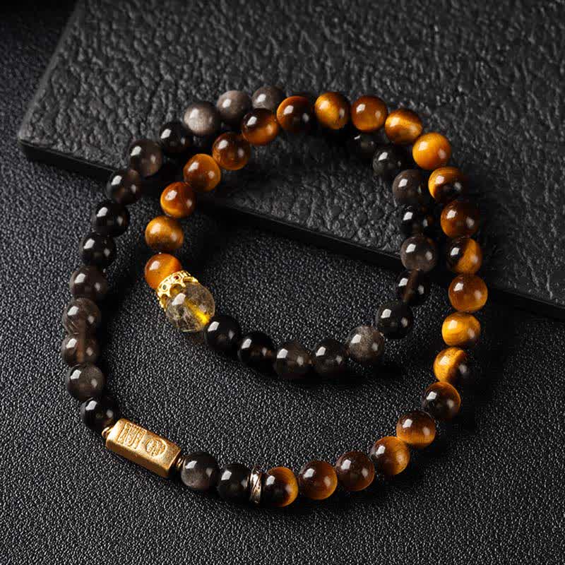 Buddha Stones Tiger Eye Silver Sheen Obsidian Prosperity Hand-Woven Double Wrap Bracelet