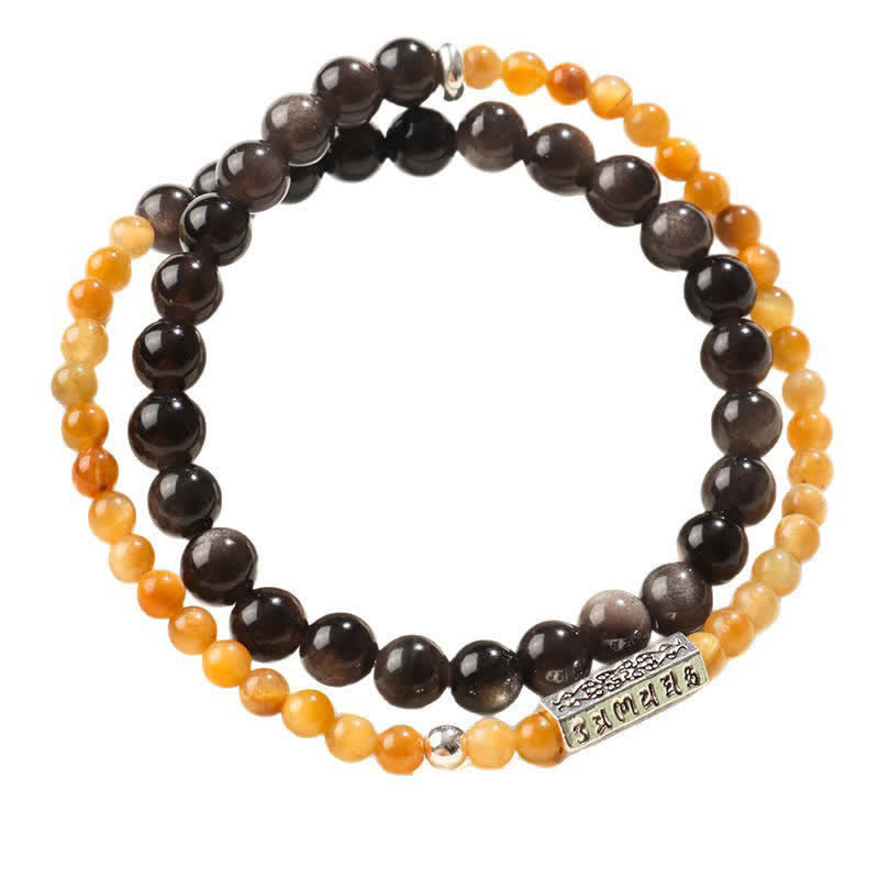 Buddha Stones Silver Sheen Obsidian Om Mani Padme Hum Grounding Double Wrap Bracelet