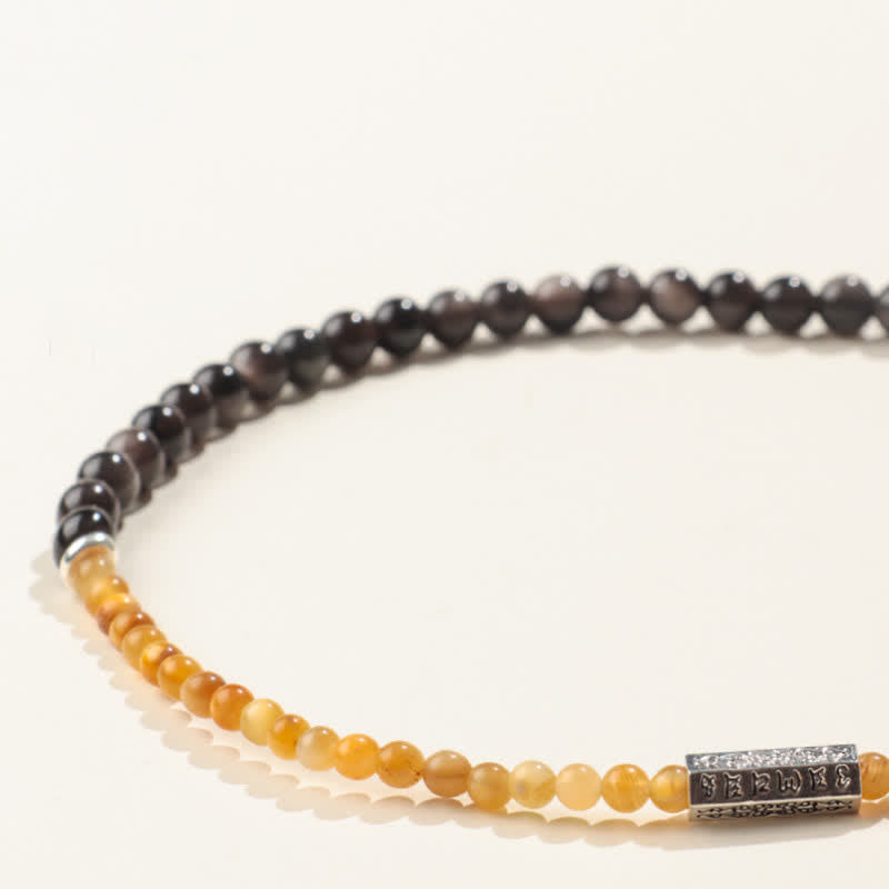 Buddha Stones Silver Sheen Obsidian Om Mani Padme Hum Grounding Double Wrap Bracelet