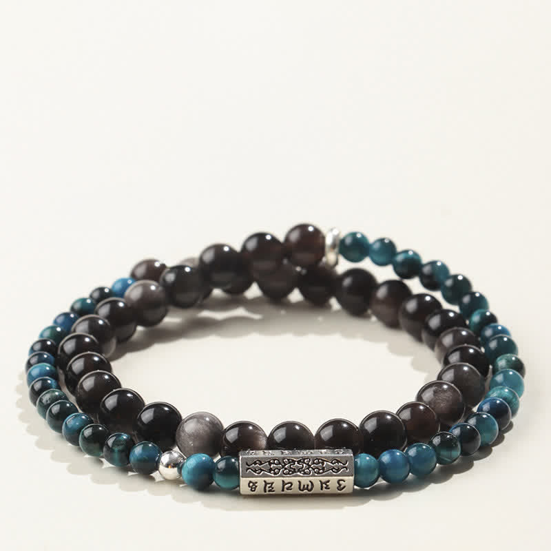 Buddha Stones Silver Sheen Obsidian Om Mani Padme Hum Grounding Double Wrap Bracelet