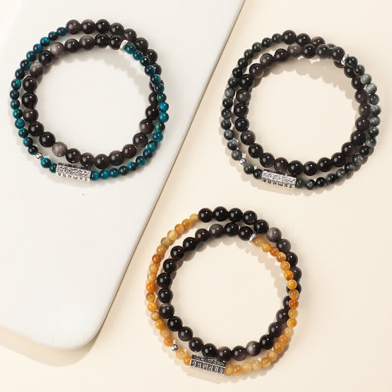 Buddha Stones Silver Sheen Obsidian Om Mani Padme Hum Grounding Double Wrap Bracelet