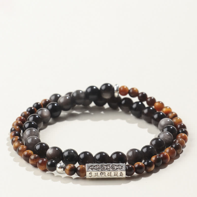 Buddha Stones Silver Sheen Obsidian Om Mani Padme Hum Grounding Double Wrap Bracelet