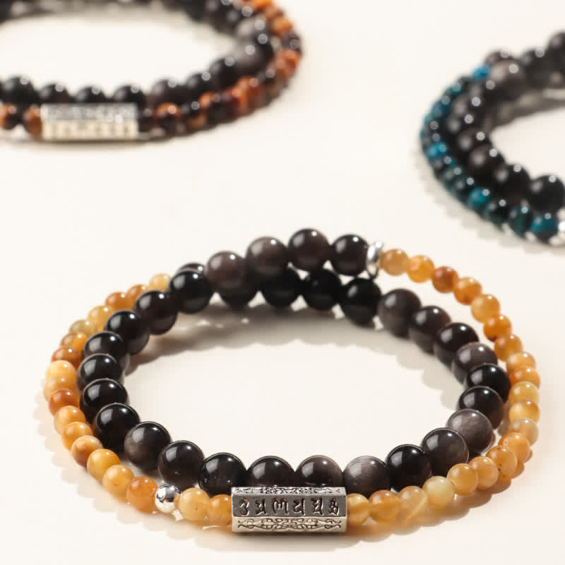 Buddha Stones Silver Sheen Obsidian Om Mani Padme Hum Grounding Double Wrap Bracelet