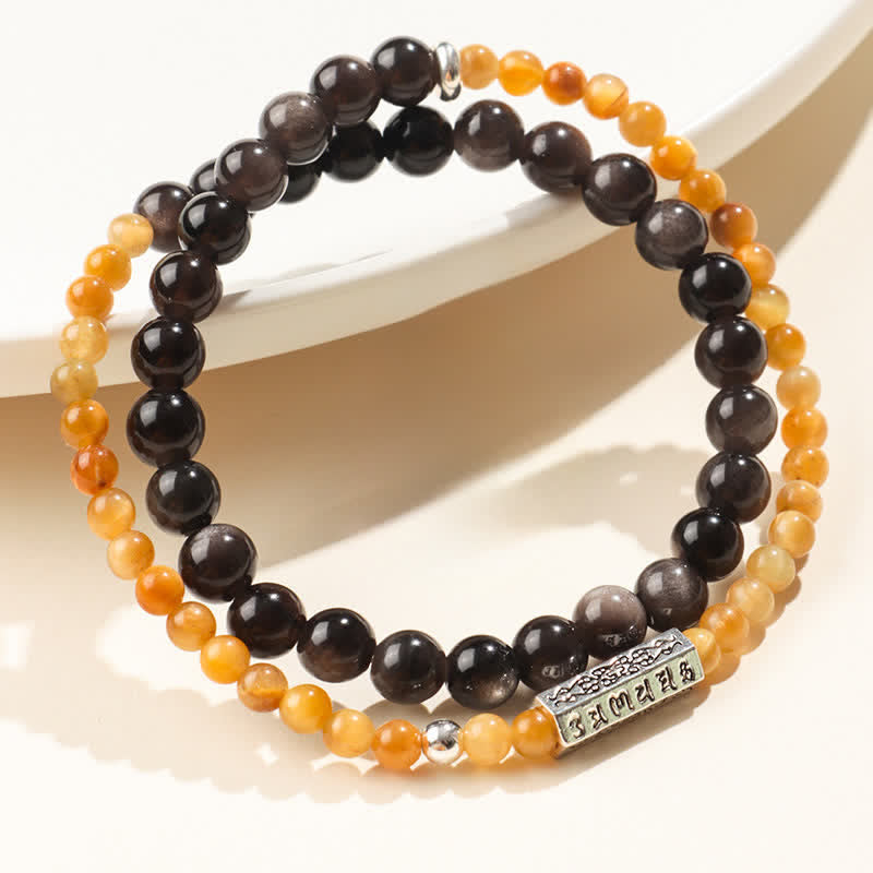 Buddha Stones Silver Sheen Obsidian Om Mani Padme Hum Grounding Double Wrap Bracelet