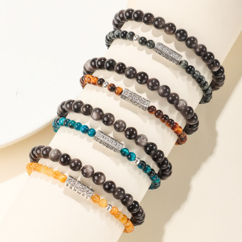 Buddha Stones Silver Sheen Obsidian Om Mani Padme Hum Grounding Double Wrap Bracelet