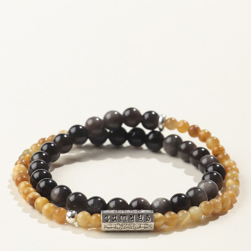 Buddha Stones Silver Sheen Obsidian Om Mani Padme Hum Grounding Double Wrap Bracelet