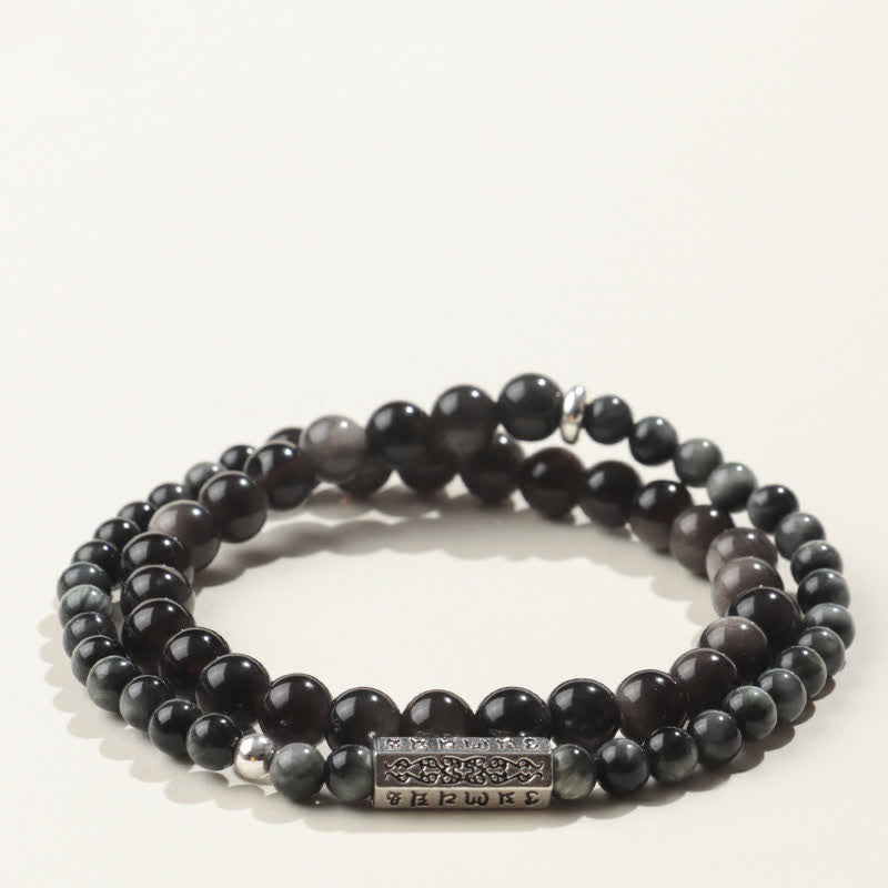 Buddha Stones Silver Sheen Obsidian Om Mani Padme Hum Grounding Double Wrap Bracelet