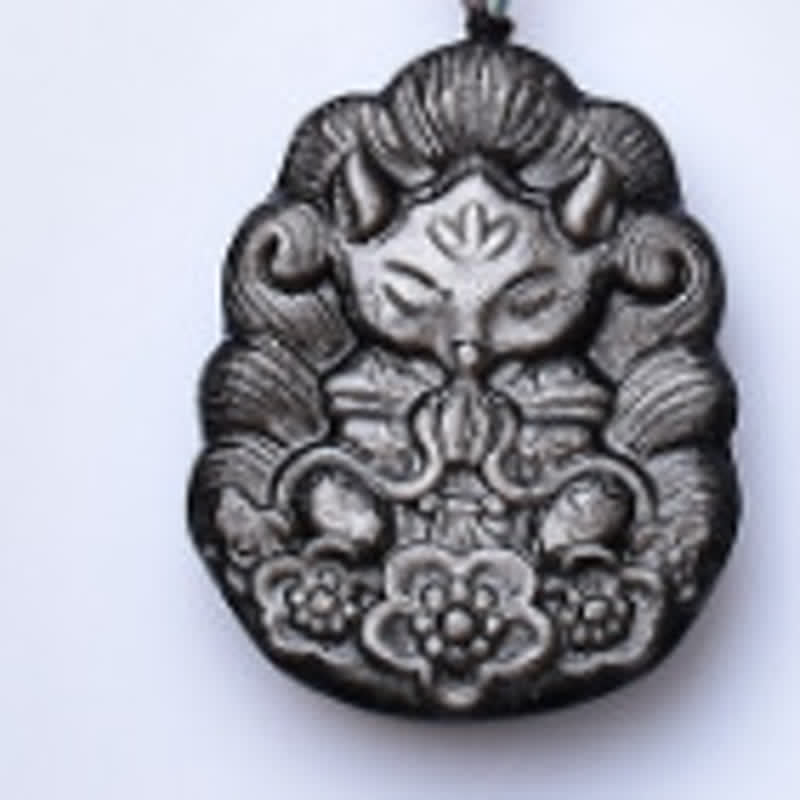 Buddha Stones Black Obsidian Nine-Tail Fox Protection Hand Carved Necklace