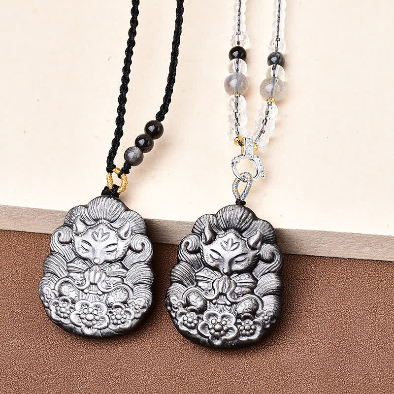 Buddha Stones Black Obsidian Nine-Tail Fox Protection Hand Carved Necklace