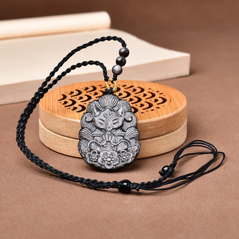 Buddha Stones Black Obsidian Nine-Tail Fox Protection Hand Carved Necklace