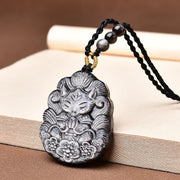 Buddha Stones Black Obsidian Nine-Tail Fox Protection Hand Carved Necklace