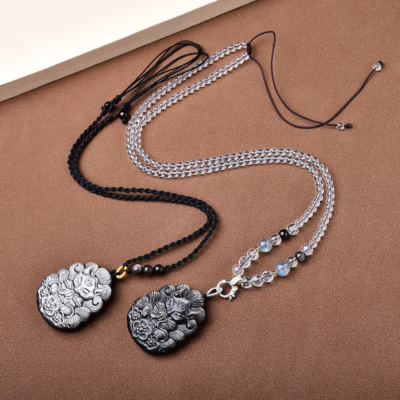 Buddha Stones Black Obsidian Nine-Tail Fox Protection Hand Carved Necklace