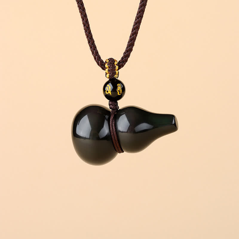 Buddha Stones Rainbow Obsidian Gourd Protection Hand-Woven Pendant Necklace