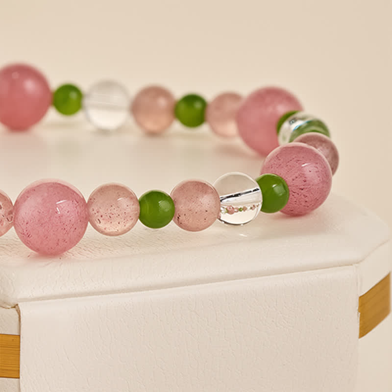 Buddha Stones Strawberry Quartz Green Agate Clear Quartz Healing Bracelet