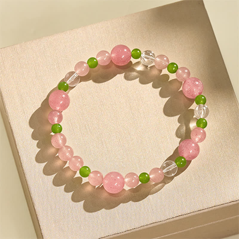 Buddha Stones Strawberry Quartz Green Agate Clear Quartz Healing Bracelet