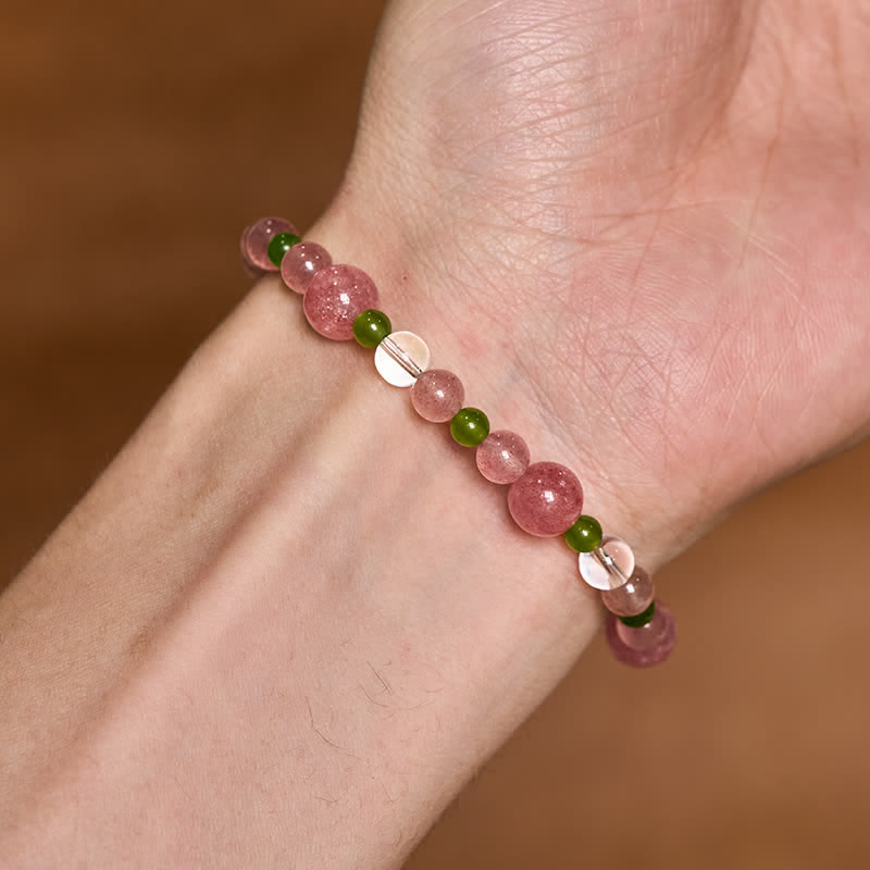 Buddha Stones Strawberry Quartz Green Agate Clear Quartz Healing Bracelet
