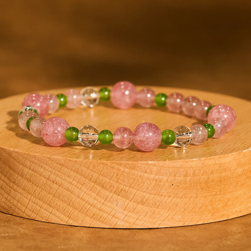 Buddha Stones Strawberry Quartz Green Agate Clear Quartz Healing Bracelet