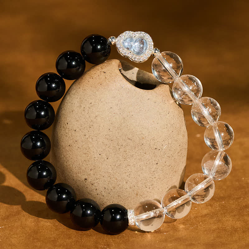 Buddha Stones Clear Quartz Black Obsidian Gourd Clarity Bracelet