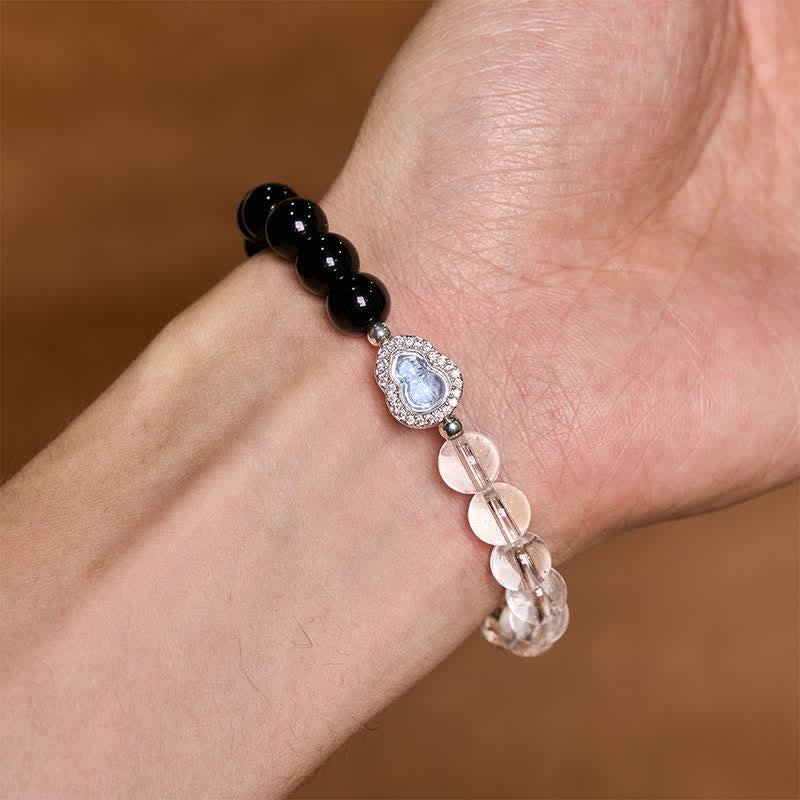 Buddha Stones Clear Quartz Black Obsidian Gourd Clarity Bracelet
