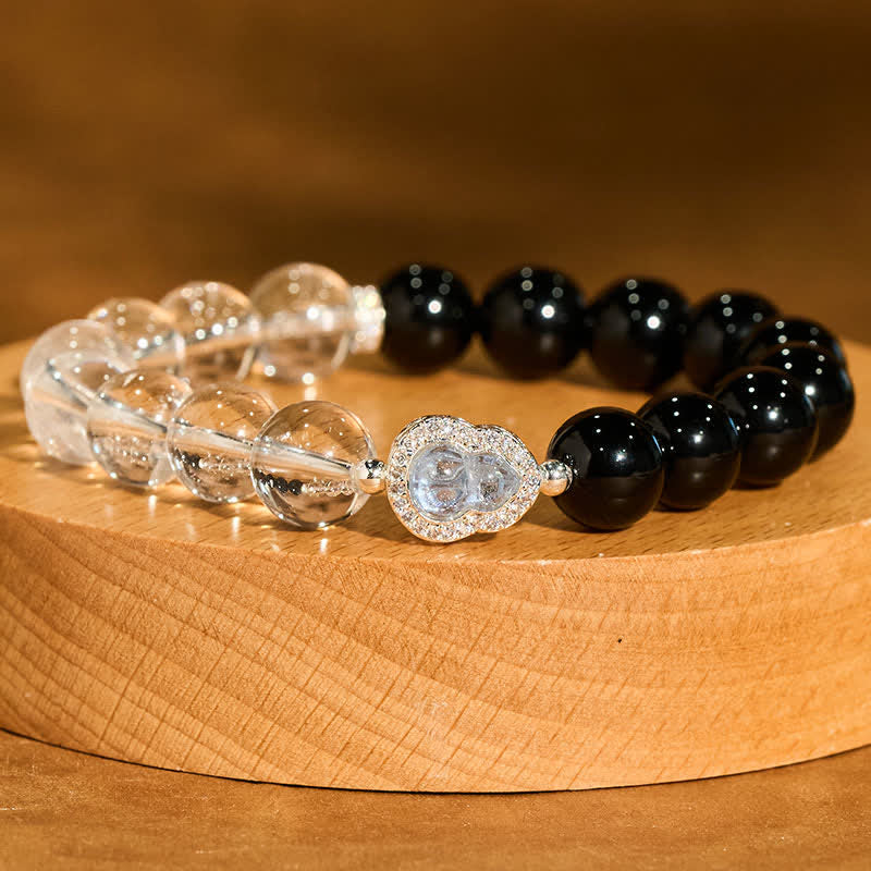Buddha Stones Clear Quartz Black Obsidian Gourd Clarity Bracelet