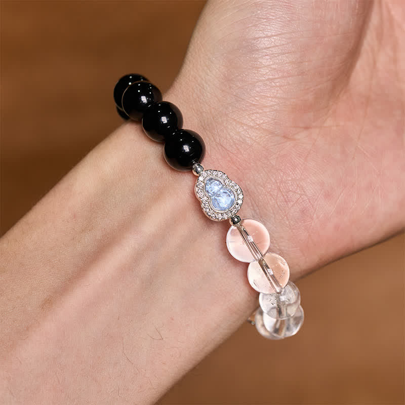 Buddha Stones Clear Quartz Black Obsidian Gourd Clarity Bracelet