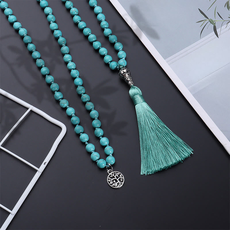EverestArtStudios Turquoise Tree of Life Protection Knotted Tassel Mala