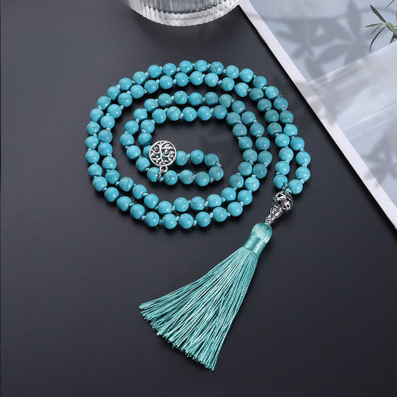 EverestArtStudios Turquoise Tree of Life Protection Knotted Tassel Mala