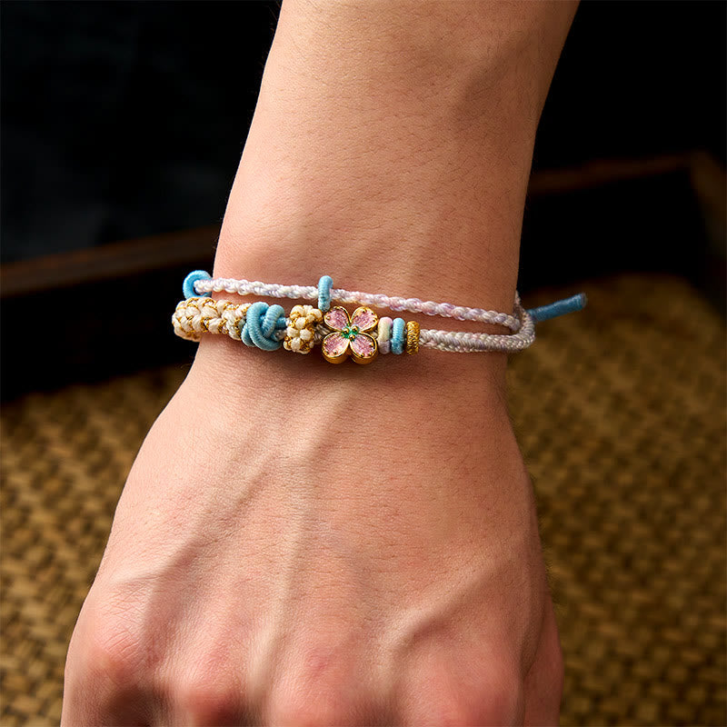 EverestArtstudios Hand-Woven String Peach Blossom Knotting Connection Double Layer Bracelet
