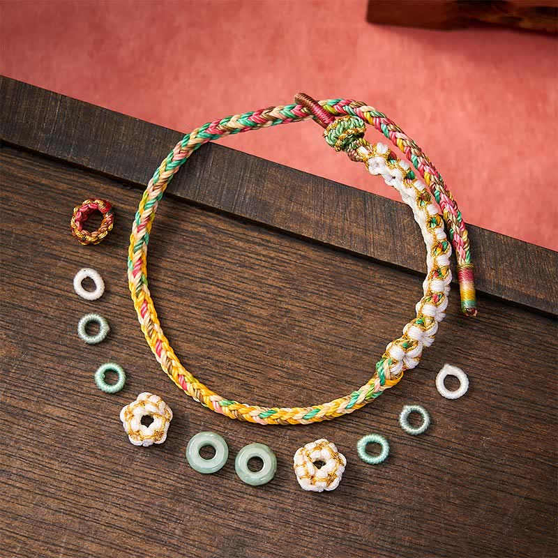 Buddha Stones Handmade Braided Chinese Knotting Peach Blossoms Jade Luck Adjustable Bracelet
