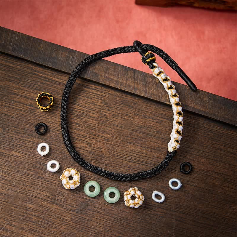 Buddha Stones Handmade Braided Chinese Knotting Peach Blossoms Jade Luck Adjustable Bracelet