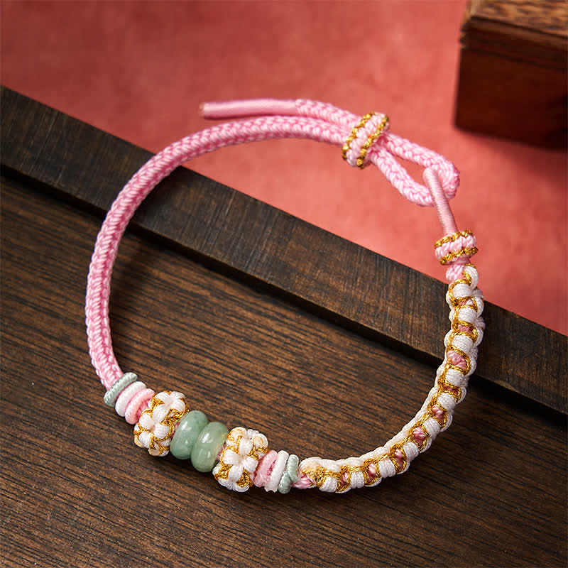 Buddha Stones Handmade Braided Chinese Knotting Peach Blossoms Jade Luck Adjustable Bracelet