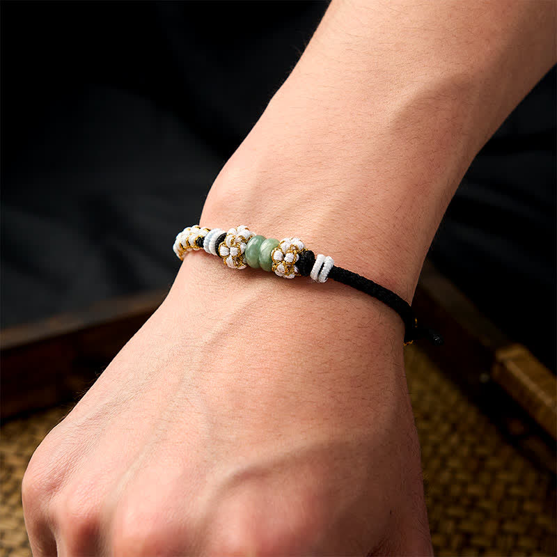 Buddha Stones Handmade Braided Chinese Knotting Peach Blossoms Jade Luck Adjustable Bracelet