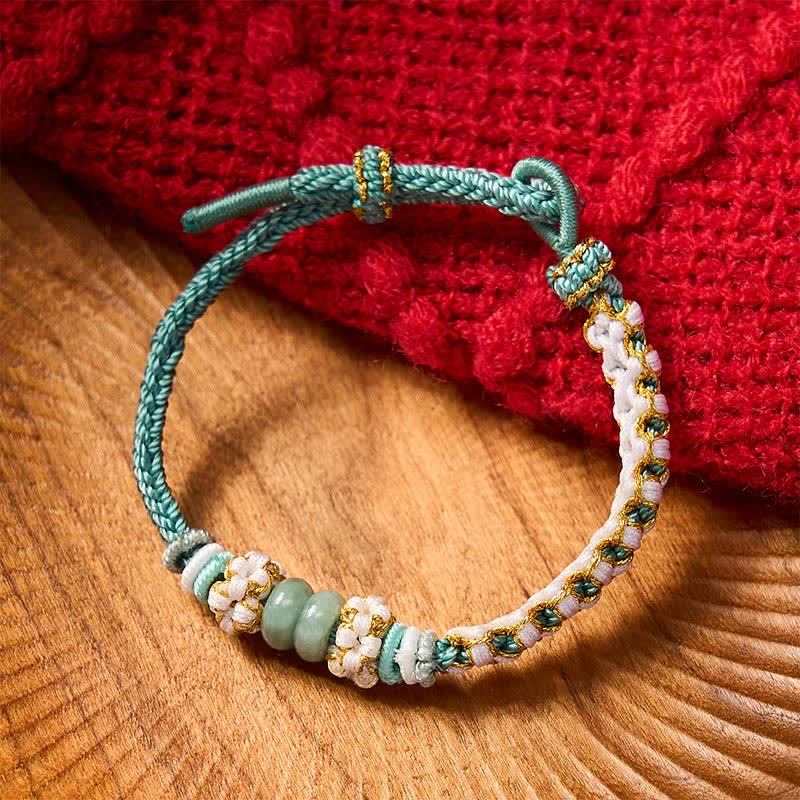 EverestArtstudios Handmade Braided Chinese Knotting Peach Blossoms Jade Luck Adjustable Bracelet