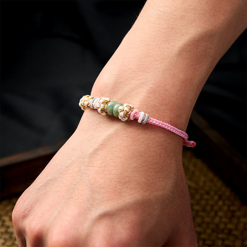 EverestArtstudios Handmade Braided Chinese Knotting Peach Blossoms Jade Luck Adjustable Bracelet