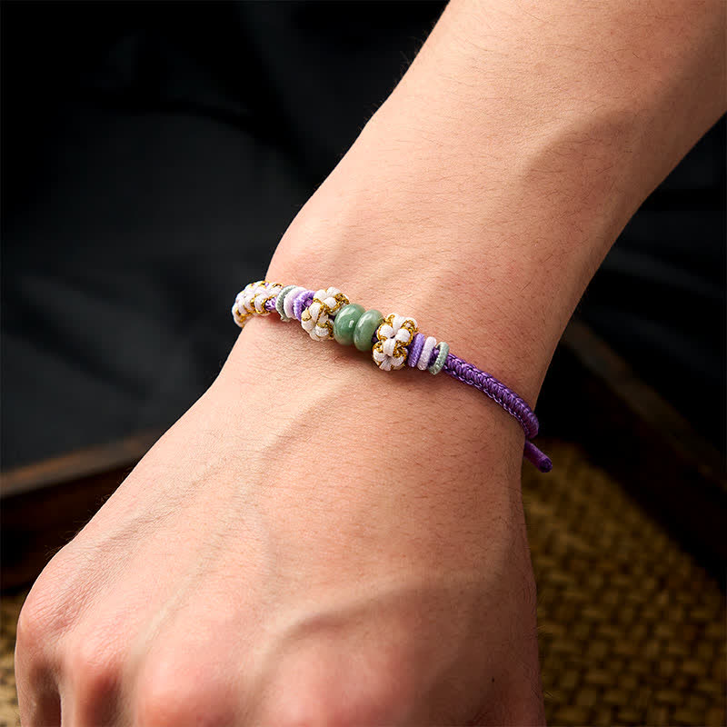 EverestArtstudios Handmade Braided Chinese Knotting Peach Blossoms Jade Luck Adjustable Bracelet