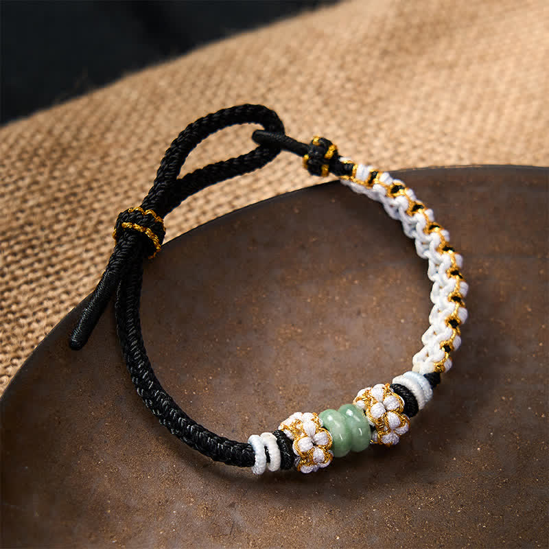 EverestArtstudios Handmade Braided Chinese Knotting Peach Blossoms Jade Luck Adjustable Bracelet