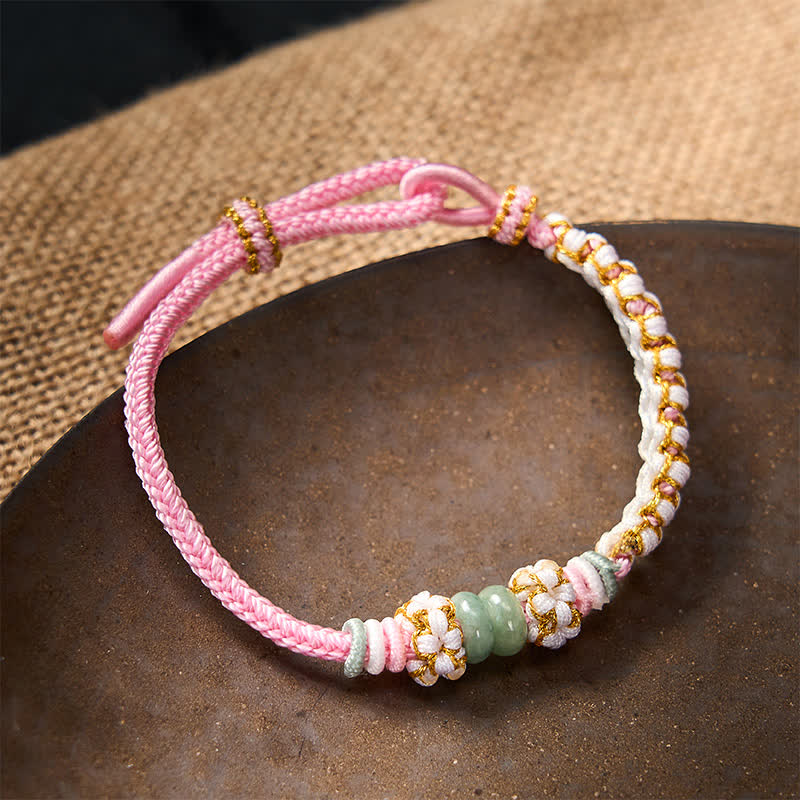 Buddha Stones Handmade Braided Chinese Knotting Peach Blossoms Jade Luck Adjustable Bracelet