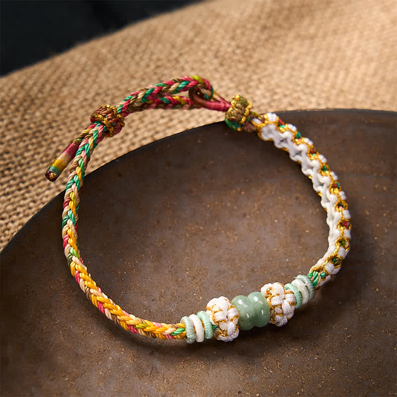 Buddha Stones Handmade Braided Chinese Knotting Peach Blossoms Jade Luck Adjustable Bracelet