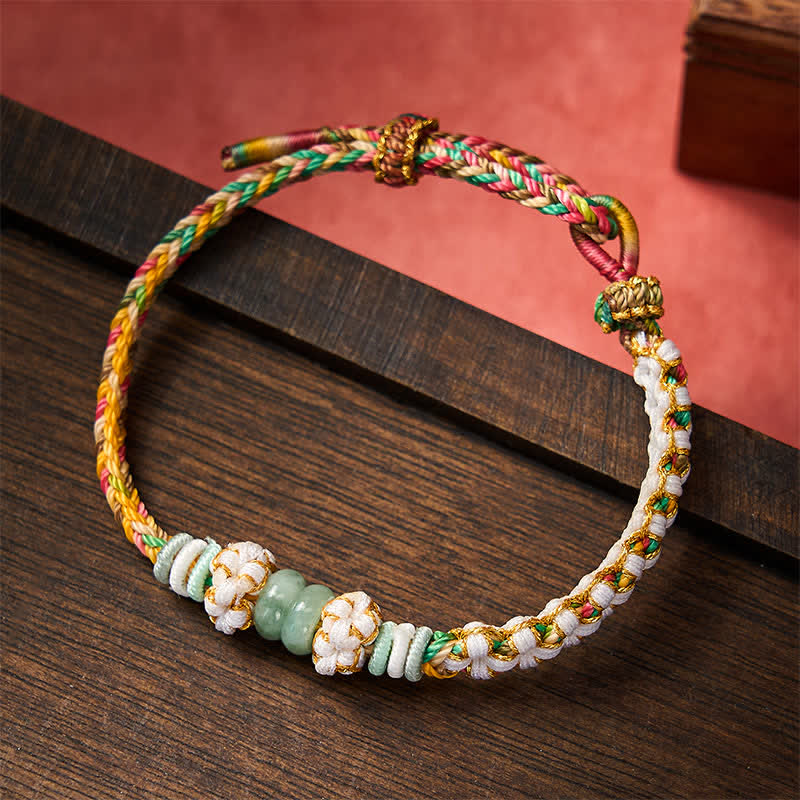 Buddha Stones Handmade Braided Chinese Knotting Peach Blossoms Jade Luck Adjustable Bracelet
