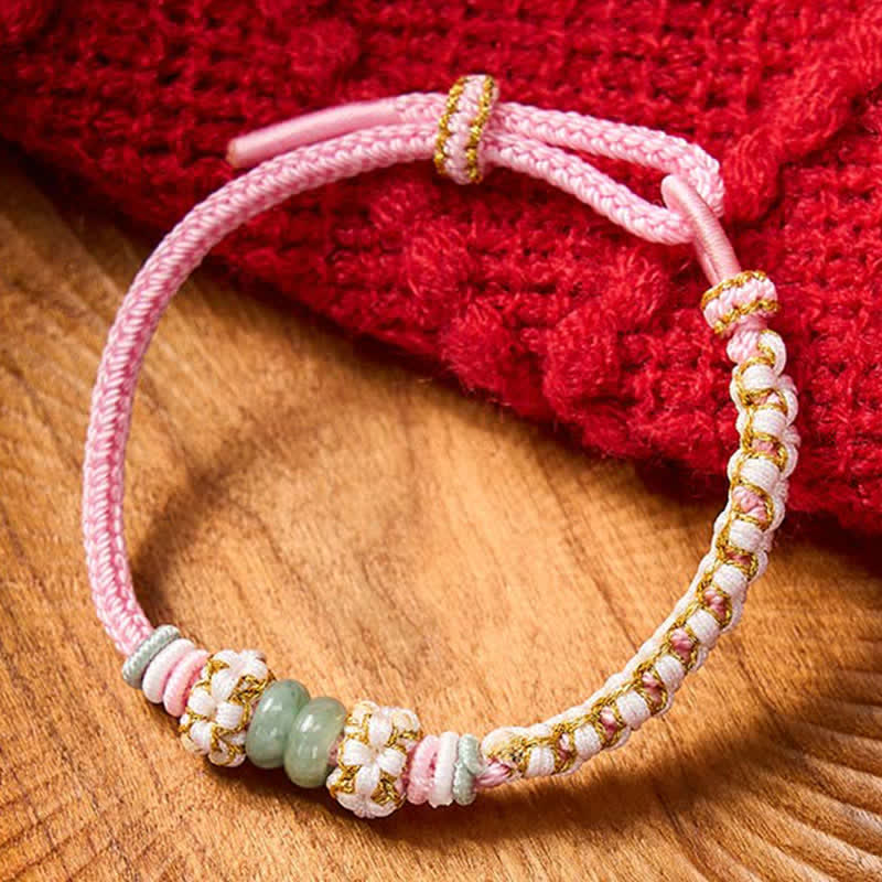 EverestArtstudios Handmade Braided Chinese Knotting Peach Blossoms Jade Luck Adjustable Bracelet