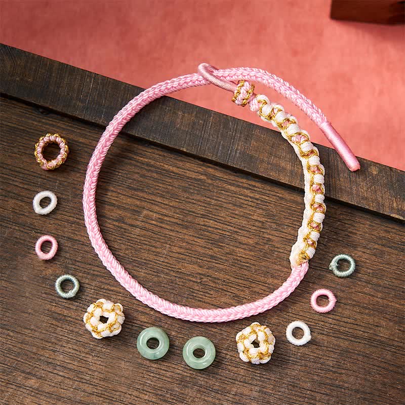 Buddha Stones Handmade Braided Chinese Knotting Peach Blossoms Jade Luck Adjustable Bracelet