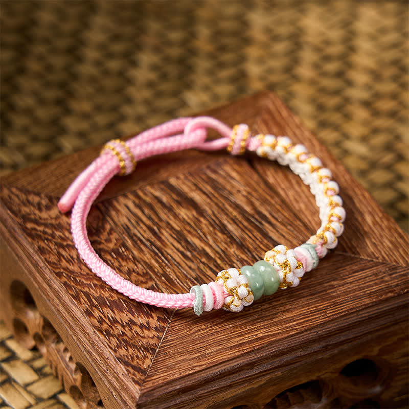 Buddha Stones Handmade Braided Chinese Knotting Peach Blossoms Jade Luck Adjustable Bracelet