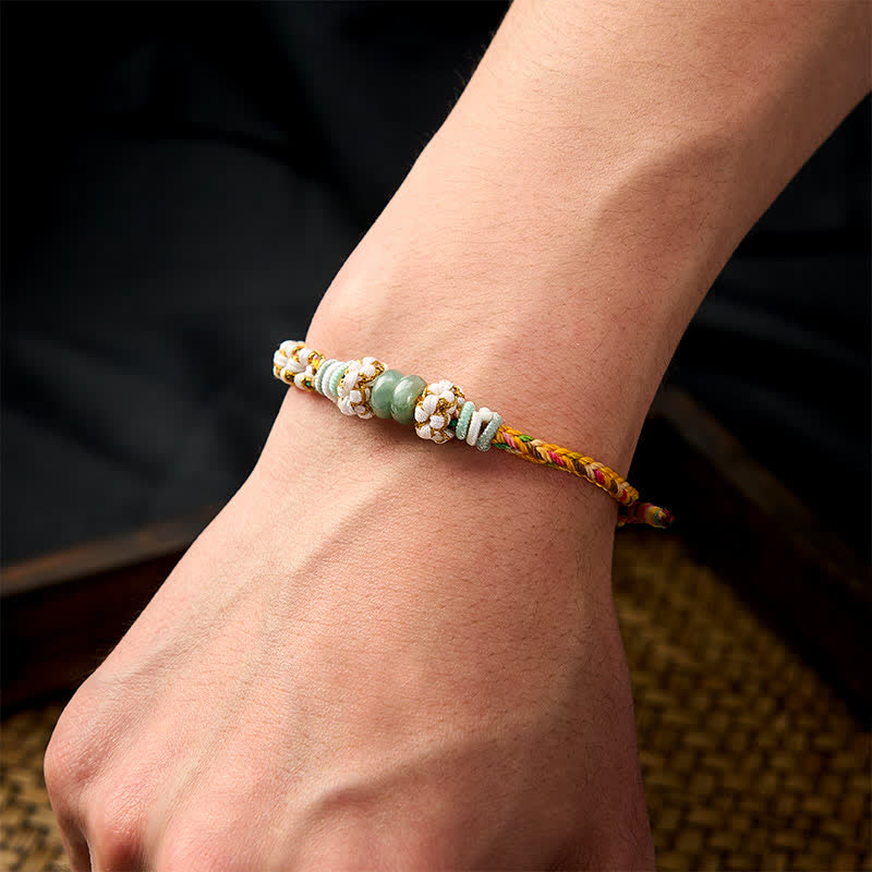 EverestArtstudios Handmade Braided Chinese Knotting Peach Blossoms Jade Luck Adjustable Bracelet