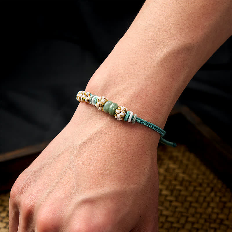 EverestArtstudios Handmade Braided Chinese Knotting Peach Blossoms Jade Luck Adjustable Bracelet