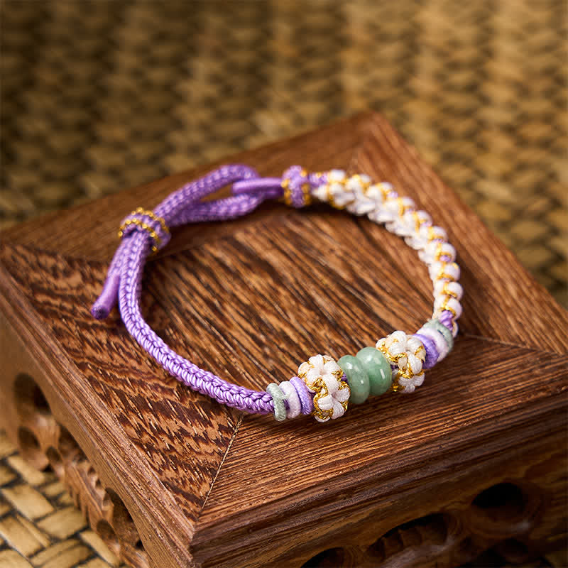 Buddha Stones Handmade Braided Chinese Knotting Peach Blossoms Jade Luck Adjustable Bracelet