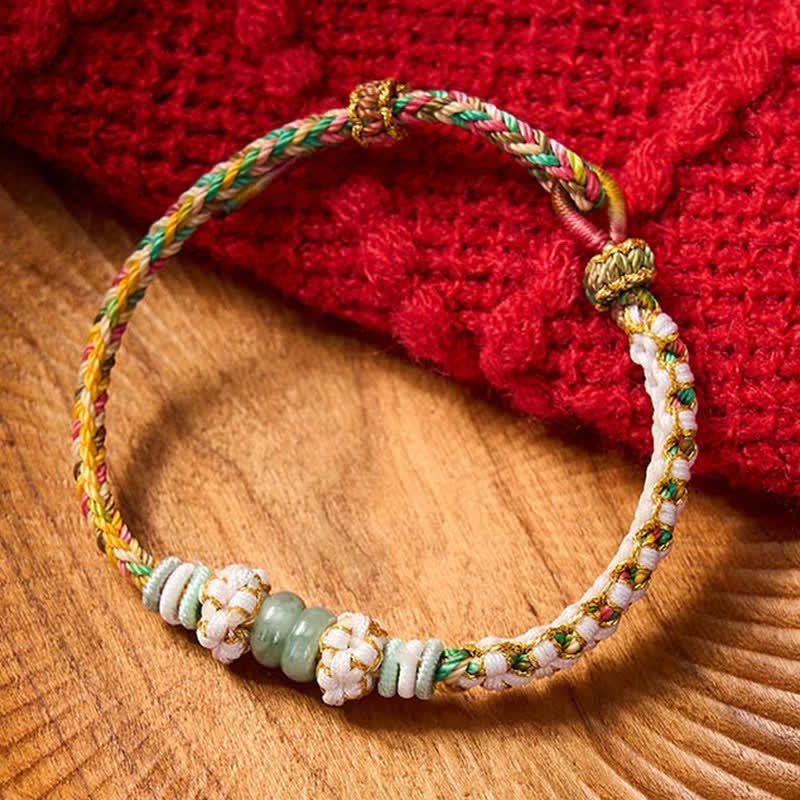 Buddha Stones Handmade Braided Chinese Knotting Peach Blossoms Jade Luck Adjustable Bracelet
