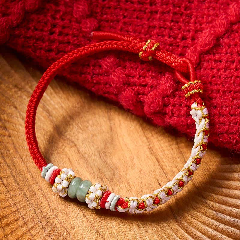 Buddha Stones Handmade Braided Chinese Knotting Peach Blossoms Jade Luck Adjustable Bracelet